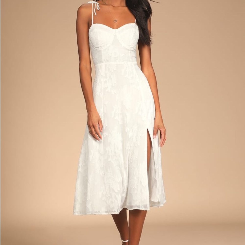 Lulu’s Loveliest Looks White Floral Jacquard Tie-Strap Midi Dress